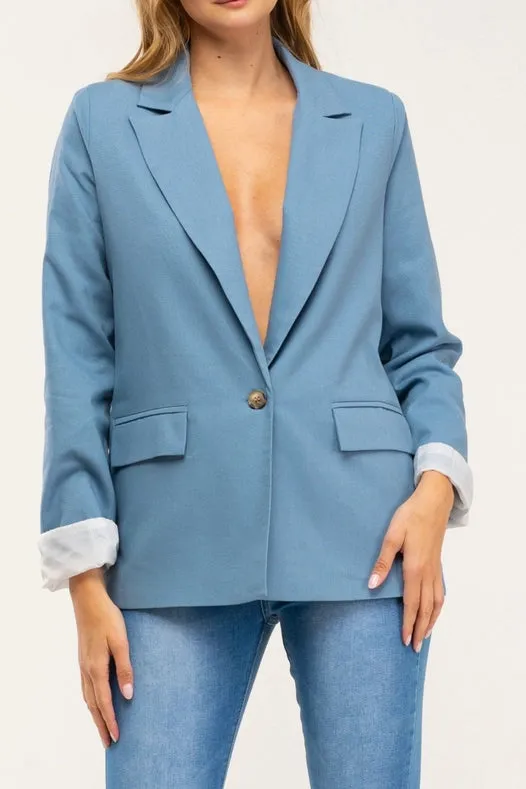 Striped Blazer-Style Blazer Jacket With Lapels And Button Detail Blue