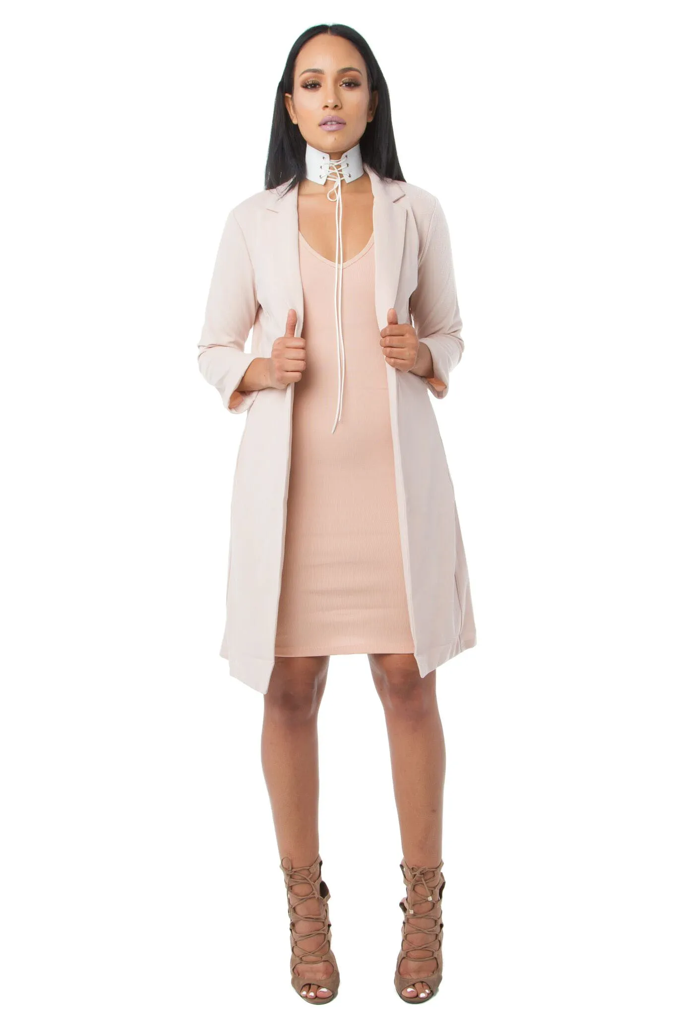 THE MYSTYLEMODE TAUPE SIDE ZIPPER DETAIL LONGLINE BLAZER