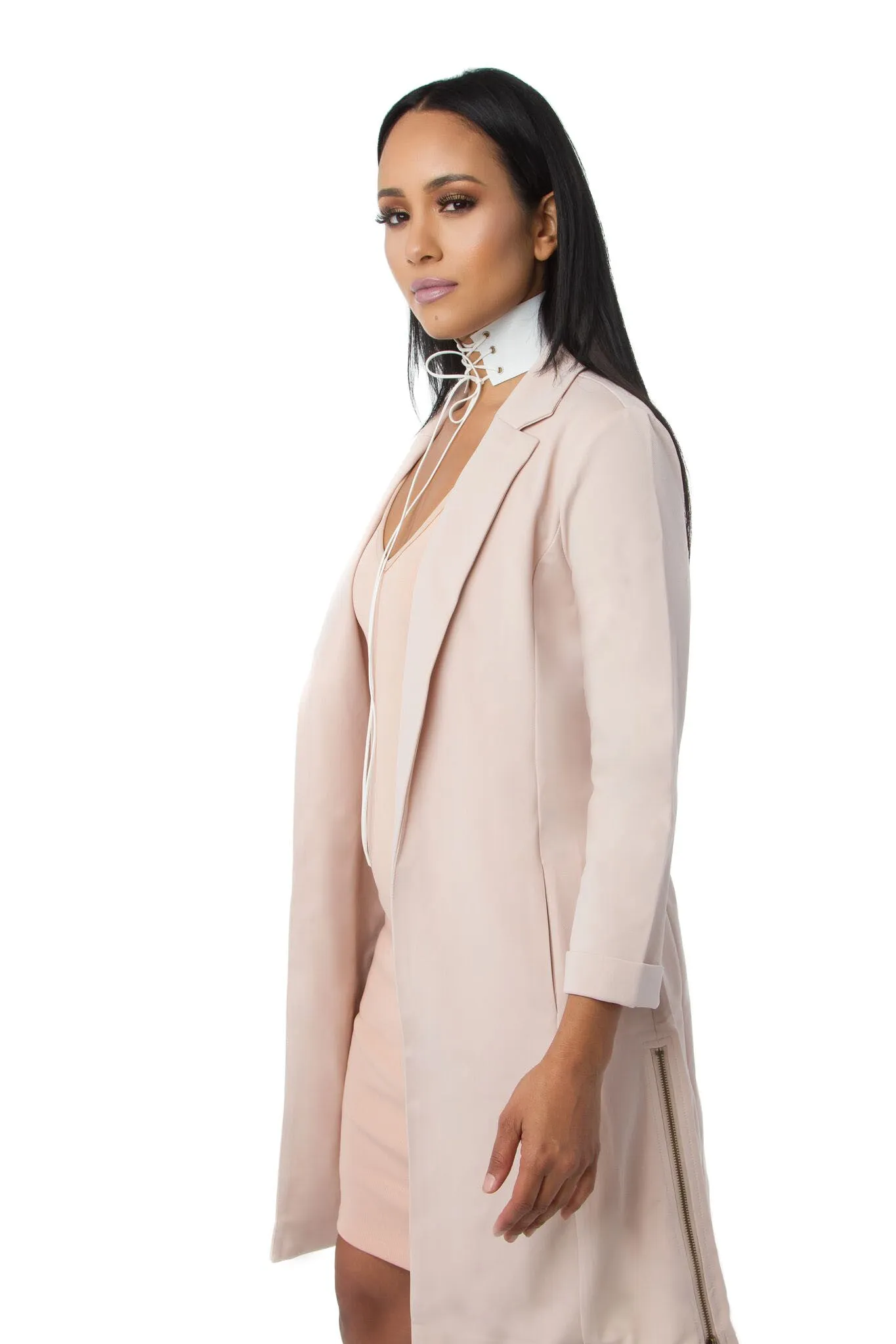 THE MYSTYLEMODE TAUPE SIDE ZIPPER DETAIL LONGLINE BLAZER