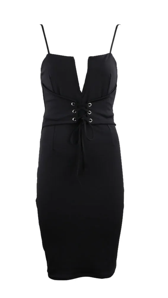 The Victoria Deep V Lace Up Corset Belt Midi Dress Black