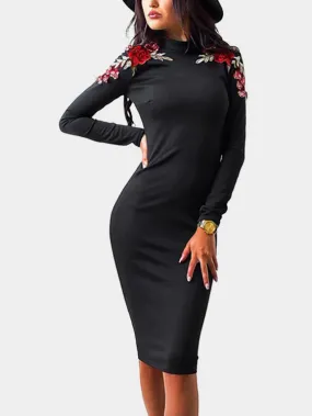 Wholesale Black Crew Neck Long Sleeve Embroidered Bodycon Casual Dress