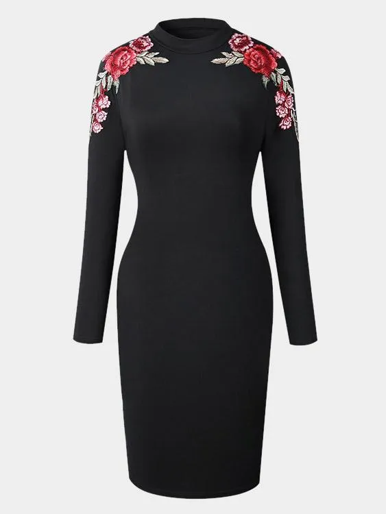 Wholesale Black Crew Neck Long Sleeve Embroidered Bodycon Casual Dress