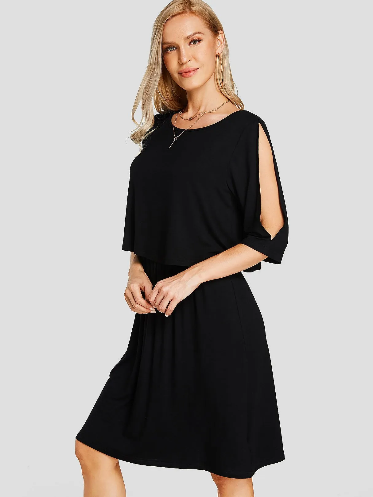 Wholesale Black Round Neck Half Sleeve Plain Cut Out Casual Dress