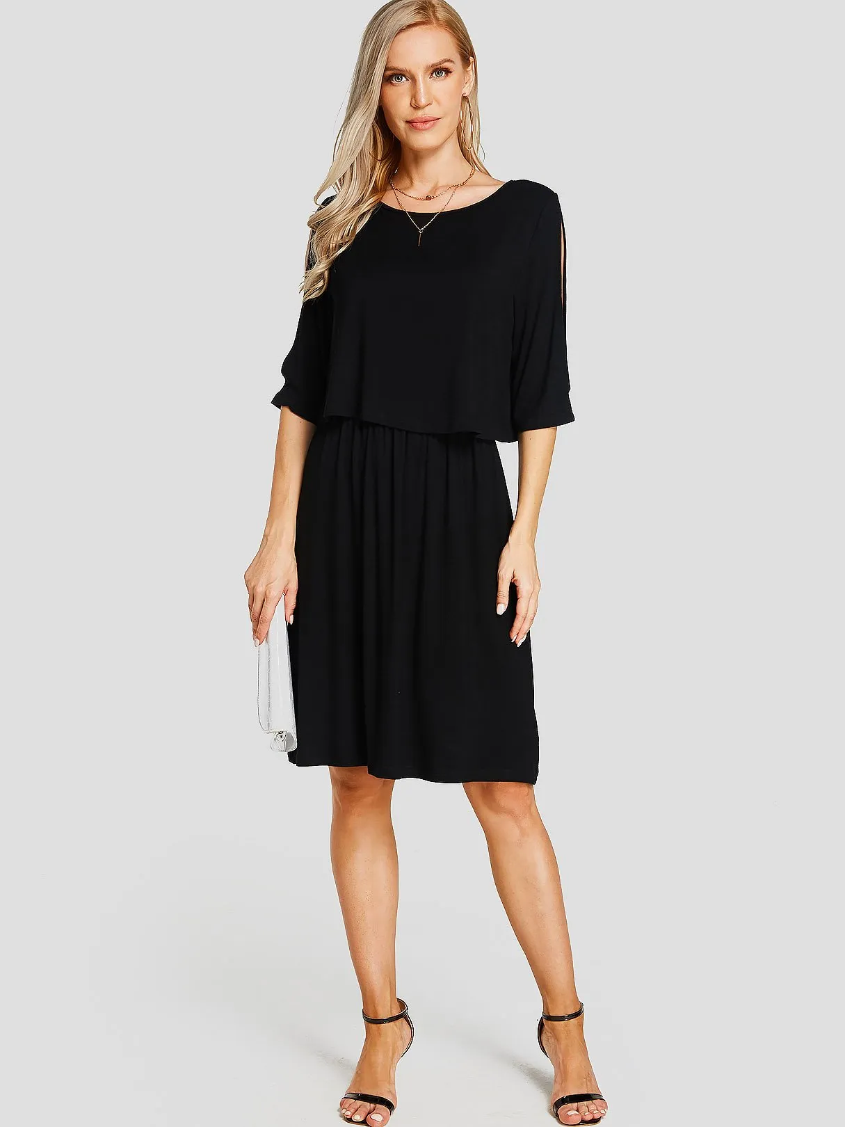 Wholesale Black Round Neck Half Sleeve Plain Cut Out Casual Dress