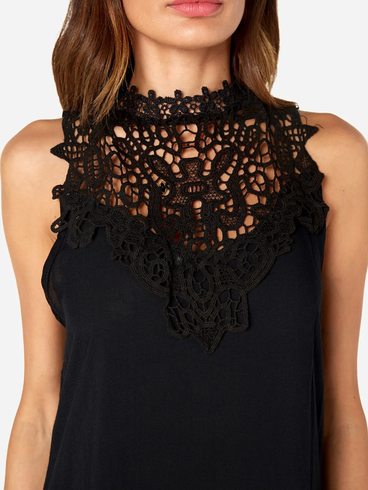 Wholesale Black Sleeveless Lace Hollow See Through Casual Dress