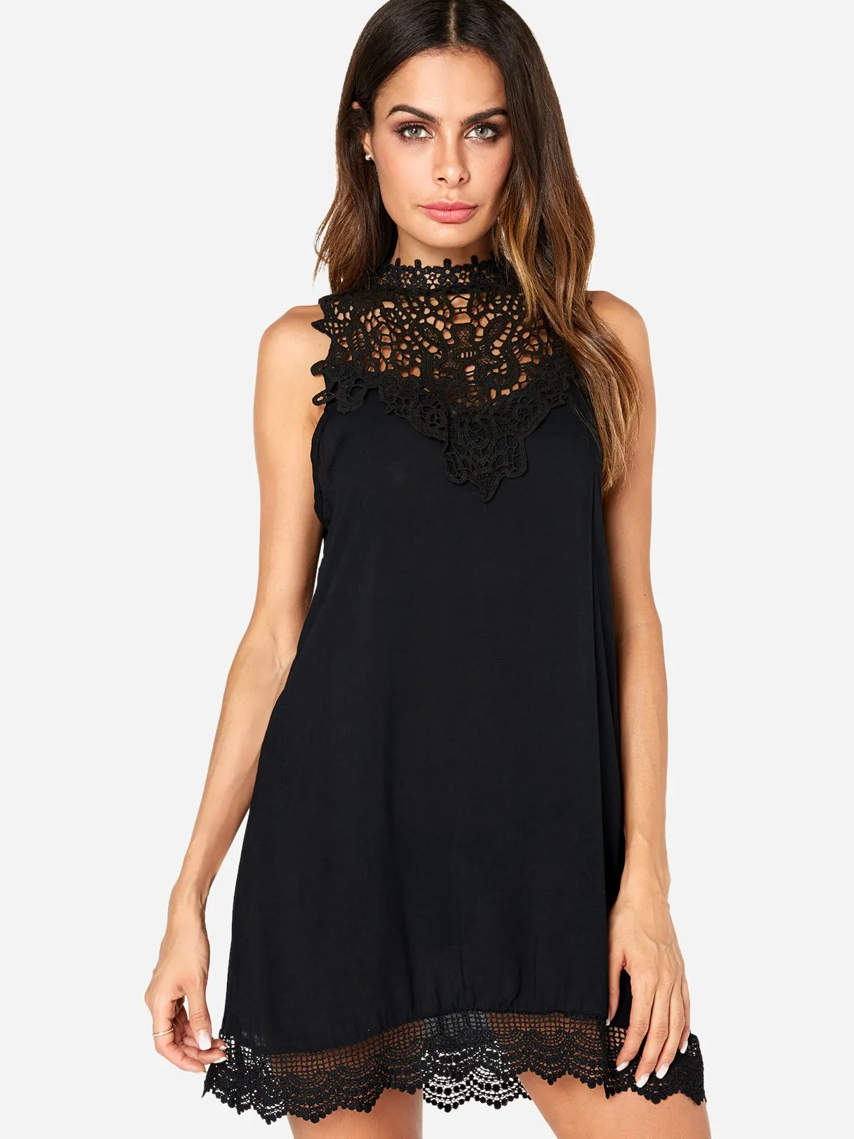 Wholesale Black Sleeveless Lace Hollow See Through Casual Dress