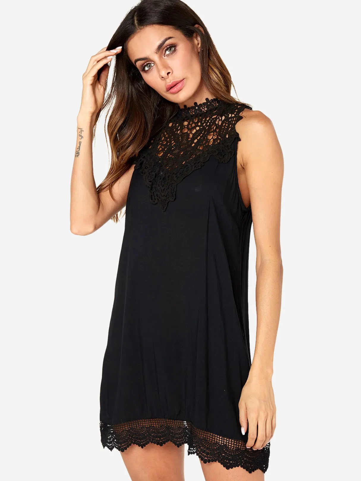 Wholesale Black Sleeveless Lace Hollow See Through Casual Dress