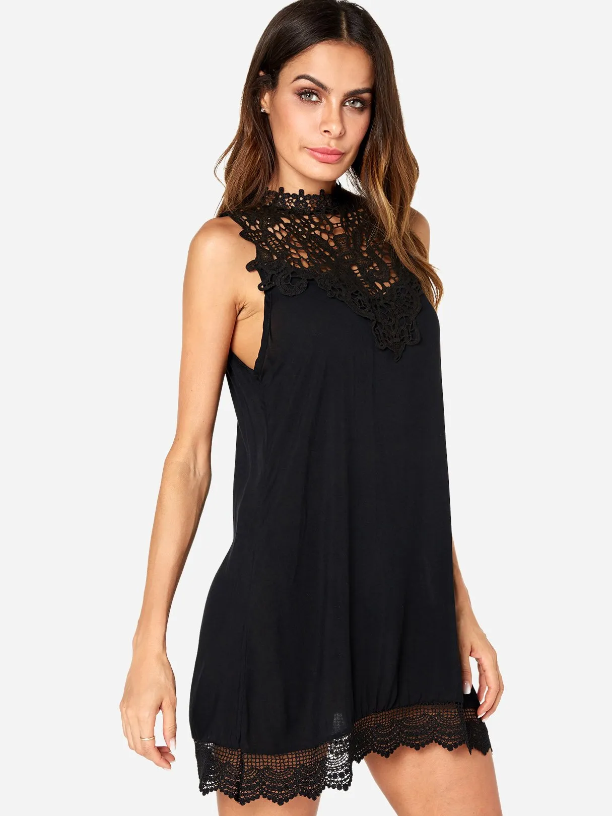 Wholesale Black Sleeveless Lace Hollow See Through Casual Dress