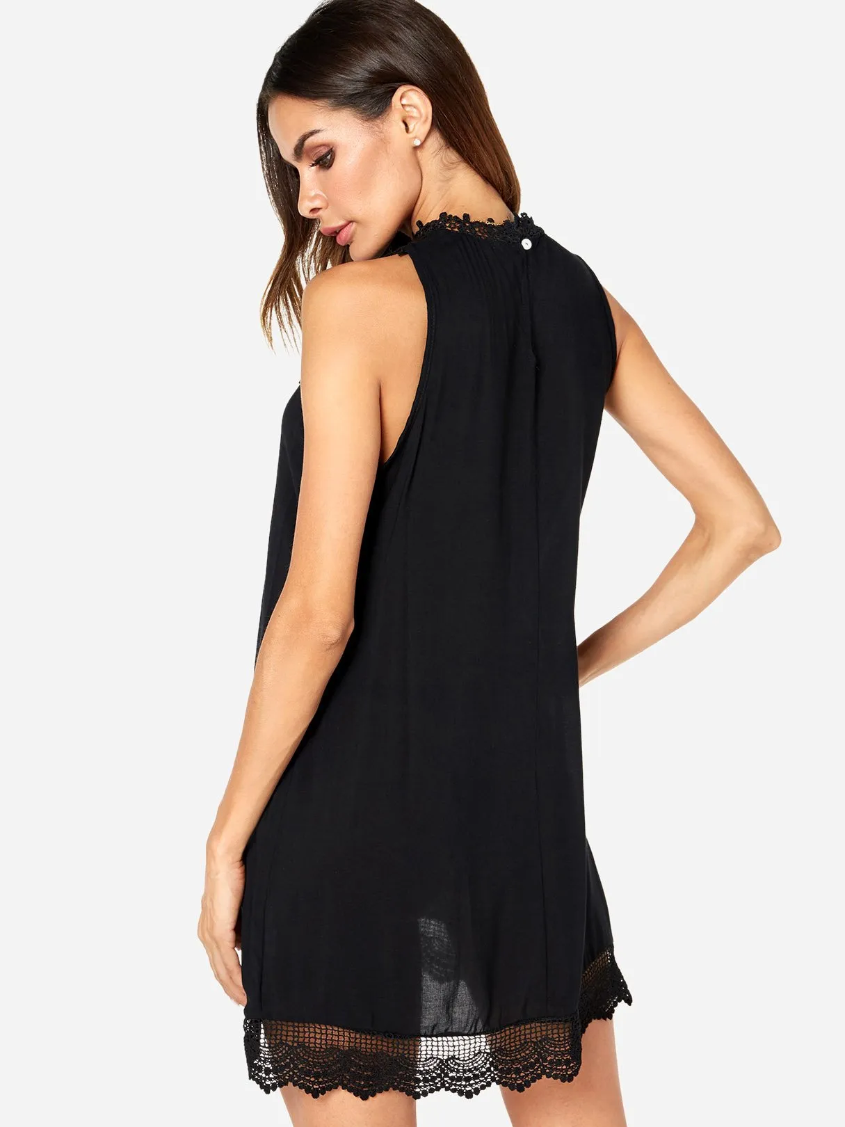 Wholesale Black Sleeveless Lace Hollow See Through Casual Dress