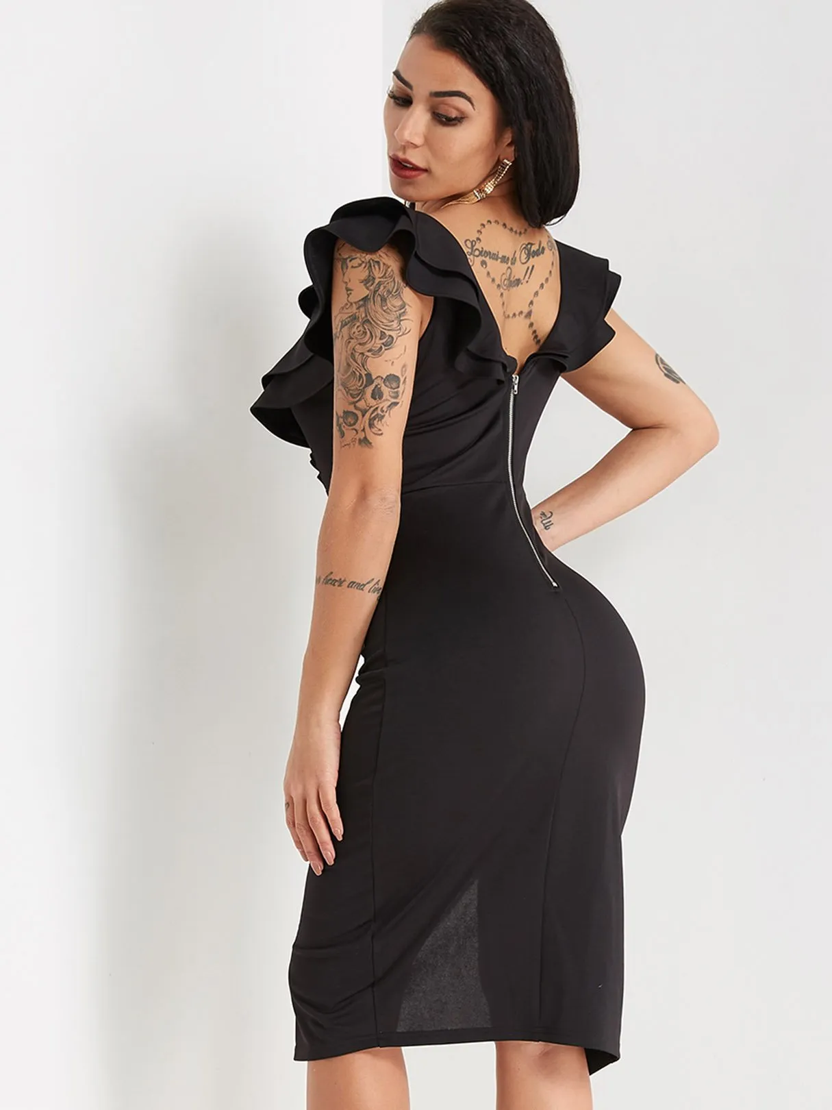 Wholesale Black V-Neck Sleeveless Plain Zip Back Backless Slit Hem Dresses