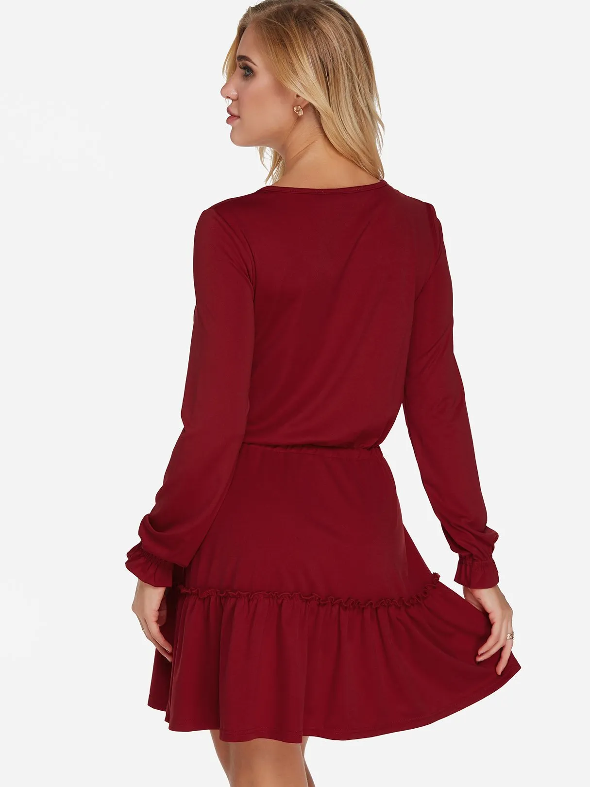 Wholesale Burgundy Round Neck Long Sleeve Plain Lace-Up Flounced Hem Casual Dresses