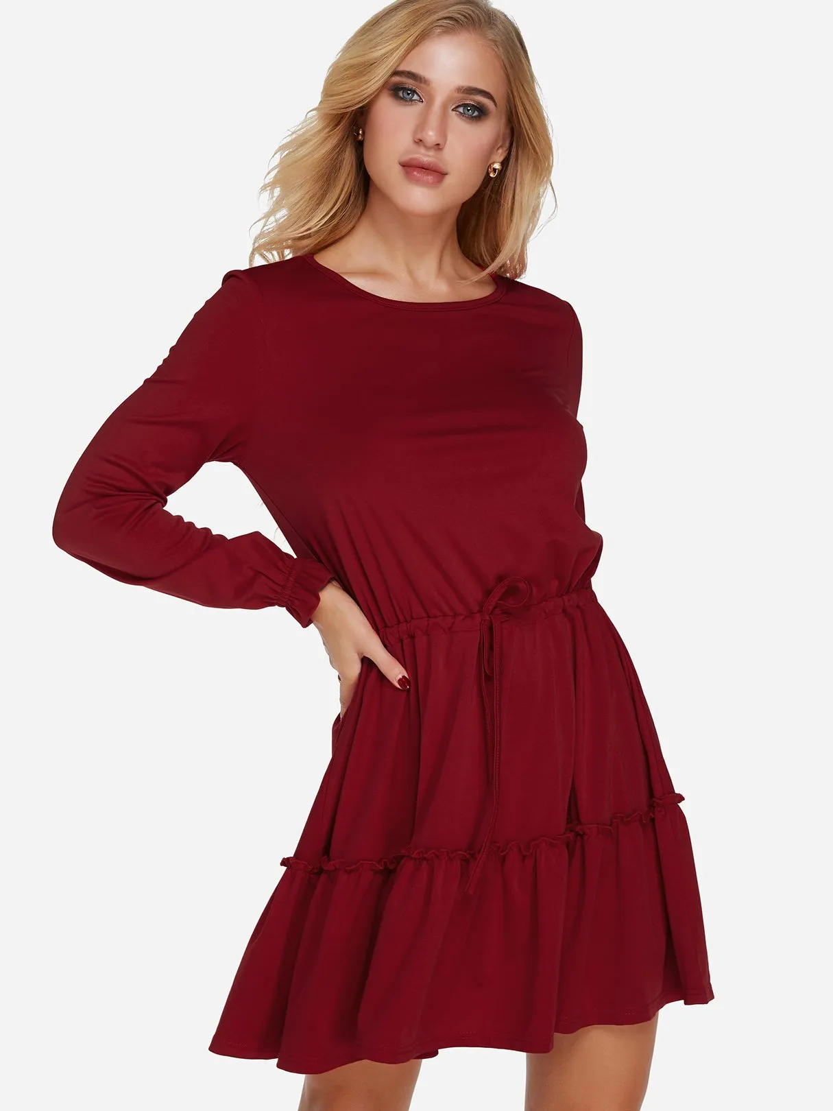 Wholesale Burgundy Round Neck Long Sleeve Plain Lace-Up Flounced Hem Casual Dresses