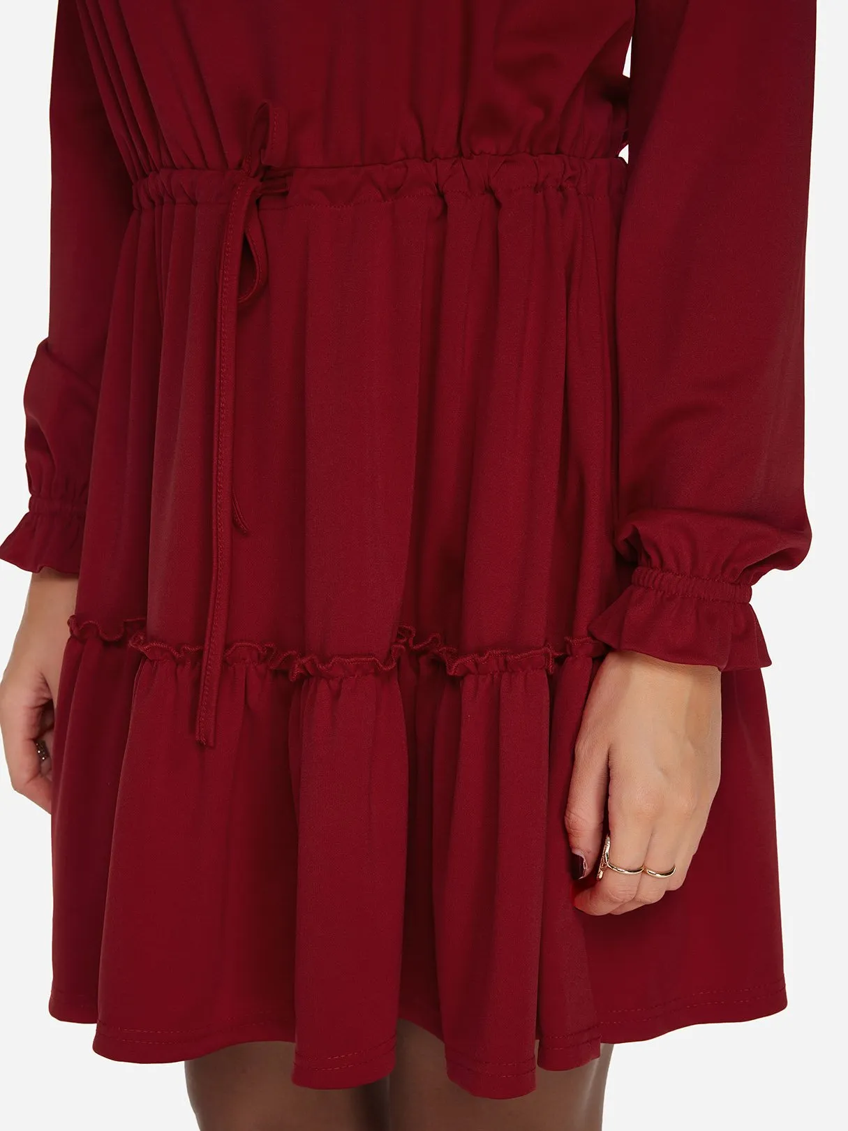 Wholesale Burgundy Round Neck Long Sleeve Plain Lace-Up Flounced Hem Casual Dresses