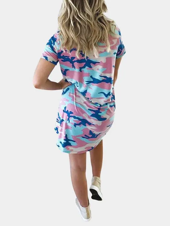 Wholesale Camo Round Neck Short Sleeve Camouflage Curved Hem Casual Dress