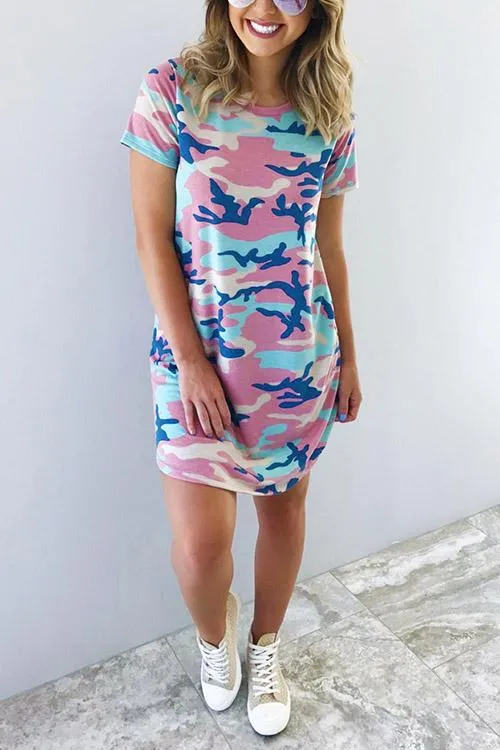 Wholesale Camo Round Neck Short Sleeve Camouflage Curved Hem Casual Dress