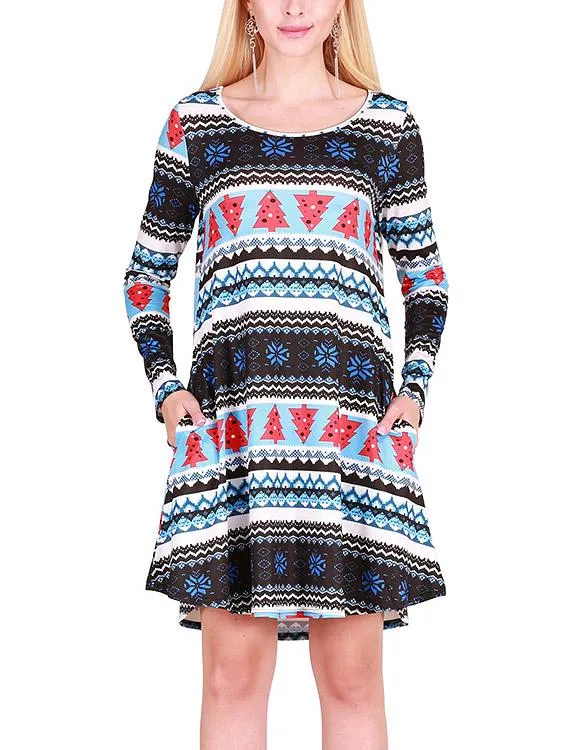 Wholesale Fashion Round Neck Geometrical Long Sleeve Casual Dresses