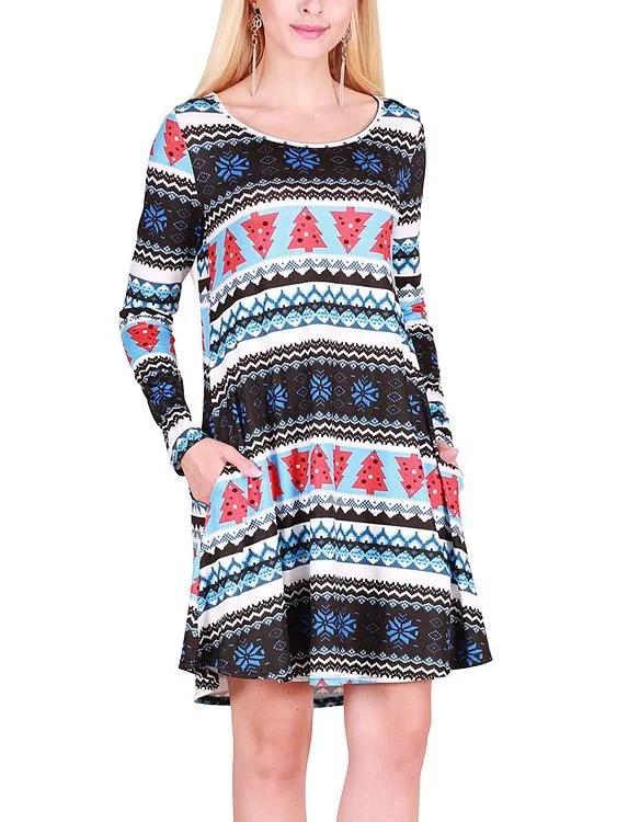 Wholesale Fashion Round Neck Geometrical Long Sleeve Casual Dresses