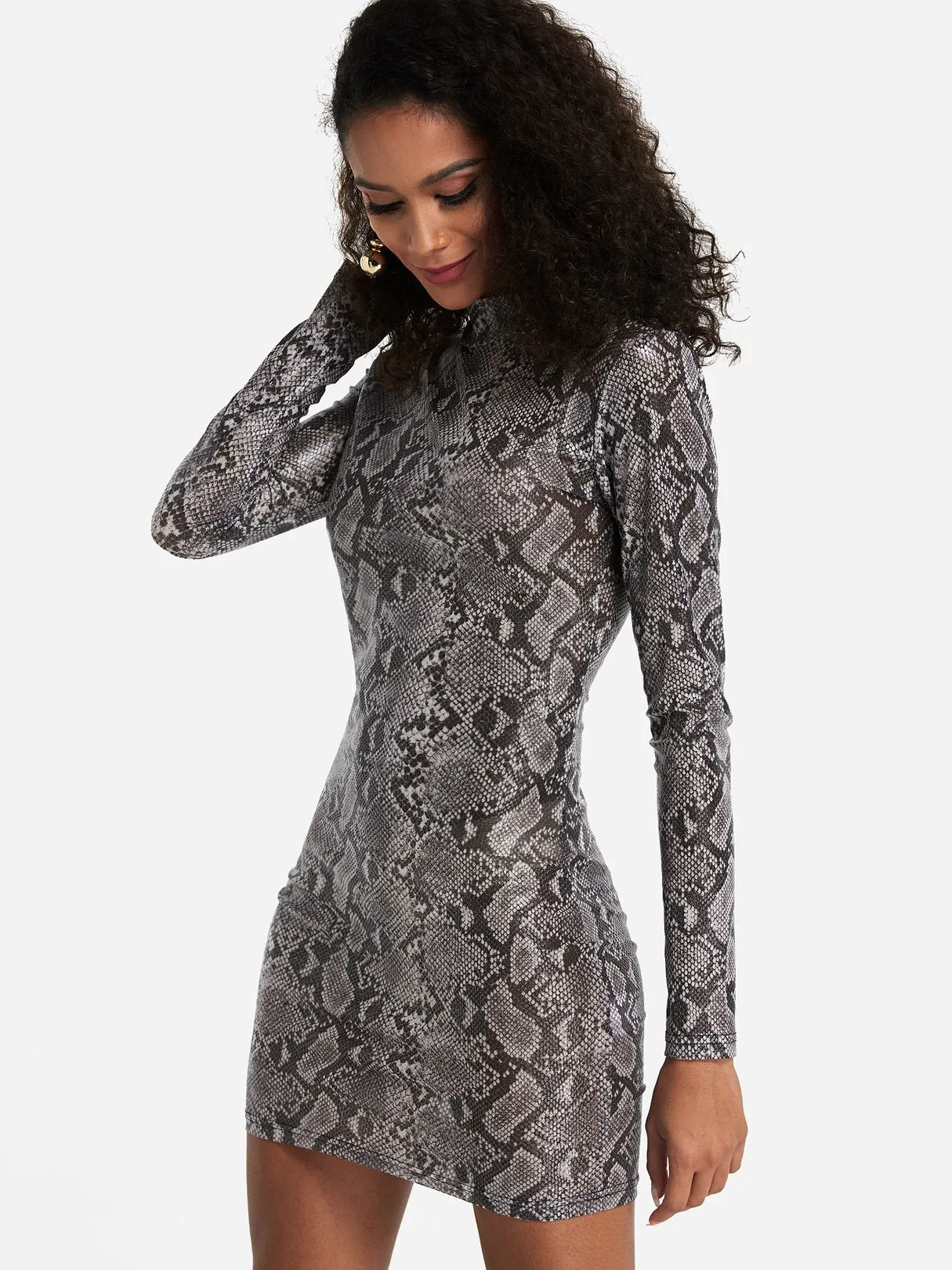 Wholesale Grey High Neck Long Sleeve Snake Bodycon Hem Dresses