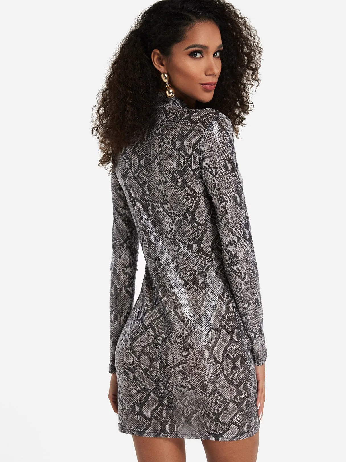 Wholesale Grey High Neck Long Sleeve Snake Bodycon Hem Dresses