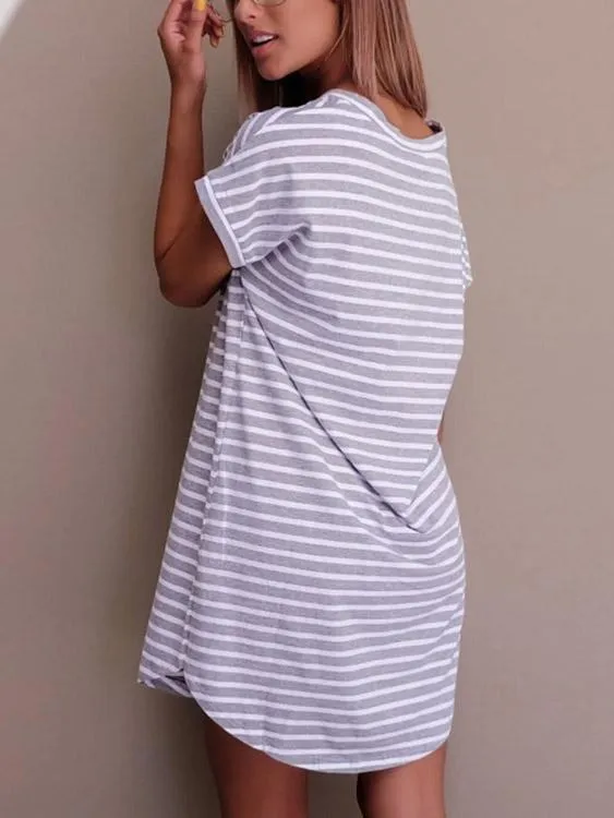 Wholesale Grey V-Neck Short Sleeve Stripe Curved Hem Casual Dress