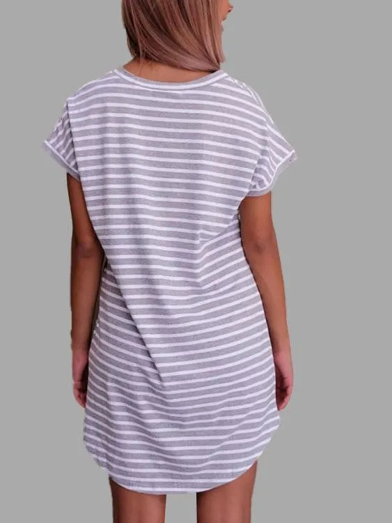 Wholesale Grey V-Neck Short Sleeve Stripe Curved Hem Casual Dress