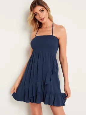 Wholesale Navy Halter Sleeveless Lace-Up Ruffle Flounced Hem High-Waisted Casual Dress