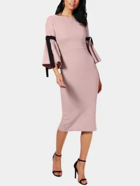 Wholesale Pink Round Neck 3/4 Length Sleeve Plain Lace-Up Slit Hem Casual Dresses