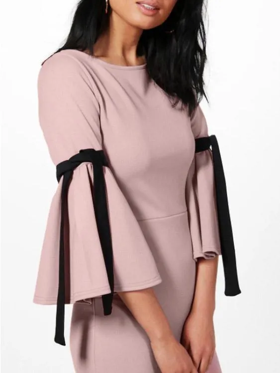 Wholesale Pink Round Neck 3/4 Length Sleeve Plain Lace-Up Slit Hem Casual Dresses