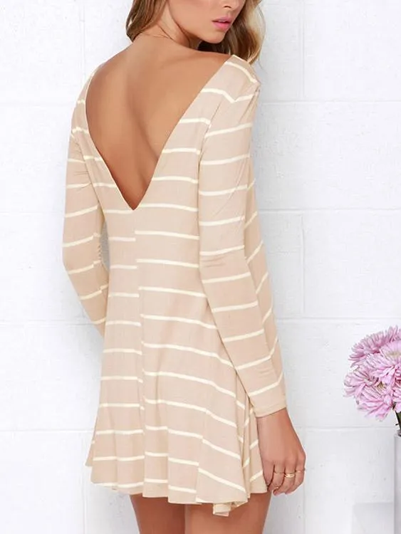 Wholesale Pink Round Neck Long Sleeve Stripe Backless Casual Dress