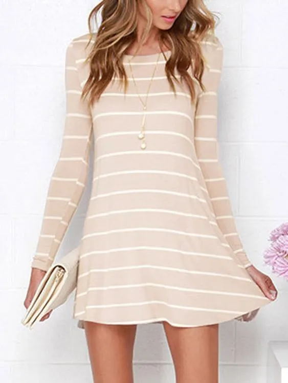 Wholesale Pink Round Neck Long Sleeve Stripe Backless Casual Dress