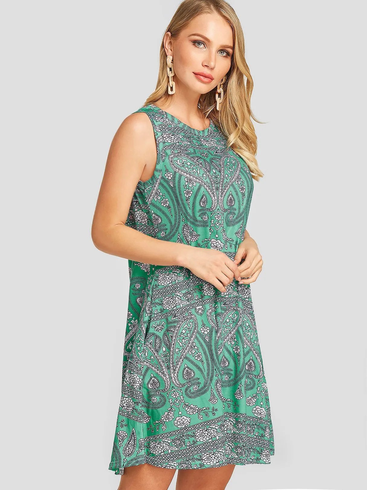 Wholesale Round Neck Sleeveless Printed Casual Dress