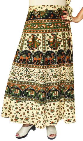 Women's Printed Long Indian Cotton Wrap Skirt (Green, One Size)